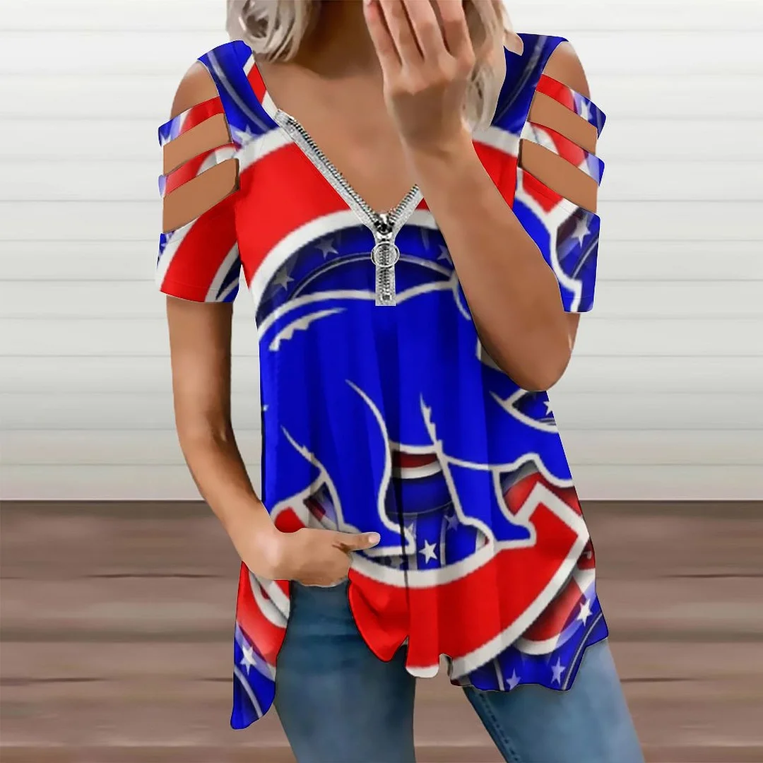 Shoulder Off V-neck Zipper Front Short Sleeve Casual T-shirt for Women Printed with Pattern,Blue,Red
