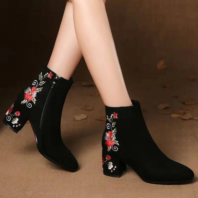 Comemore Women's Ankle Boots High Autumn And Winter Warm Cotton Shoes Women Suede Mid-heel Embroidered Mid-tube Booties Woman 40