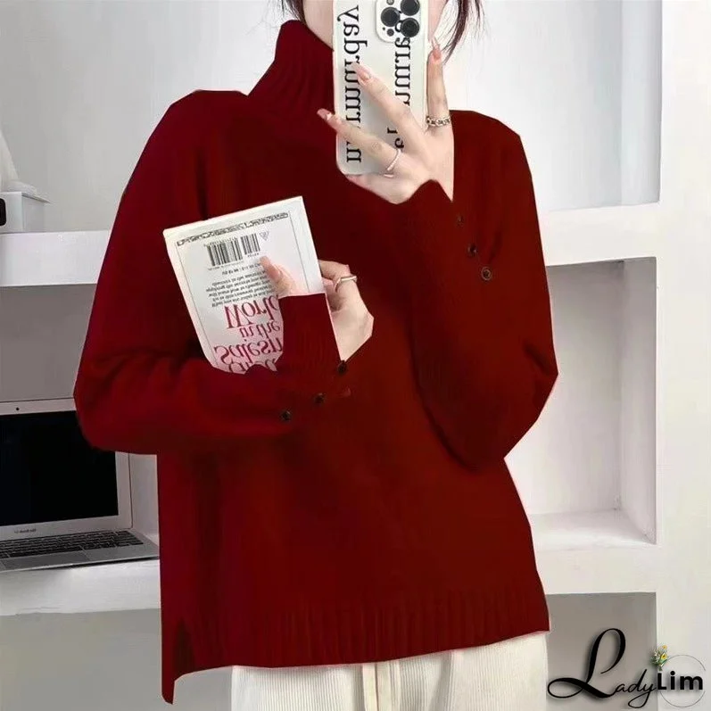 Knitted shirt with double neck pullover and long sleeves with split hem