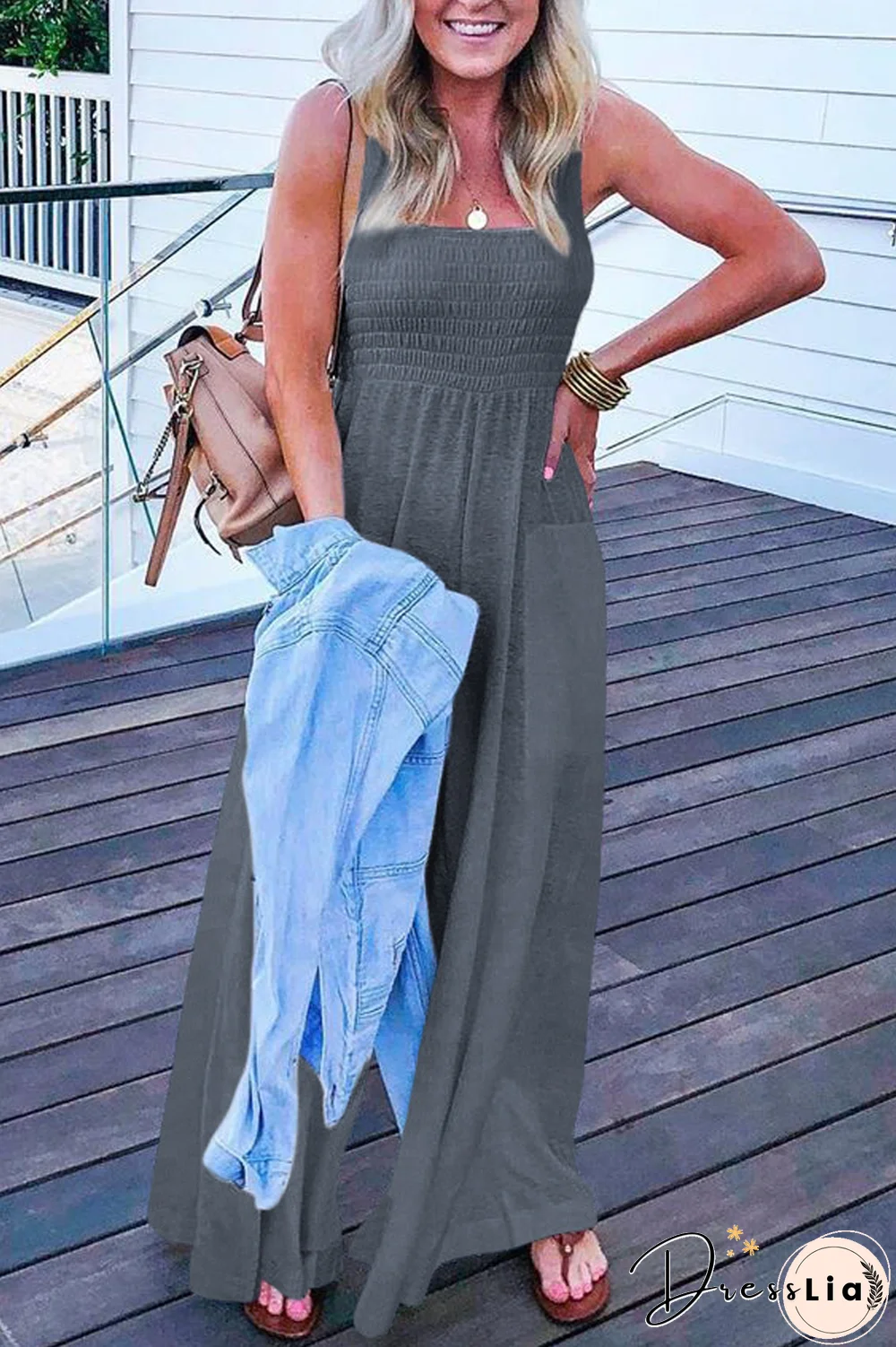 Solid Color Sleeveless Wide Leg Jumpsuit