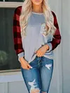 Plaid Splicing Sequined Pocket Long Sleeves T-Shirt