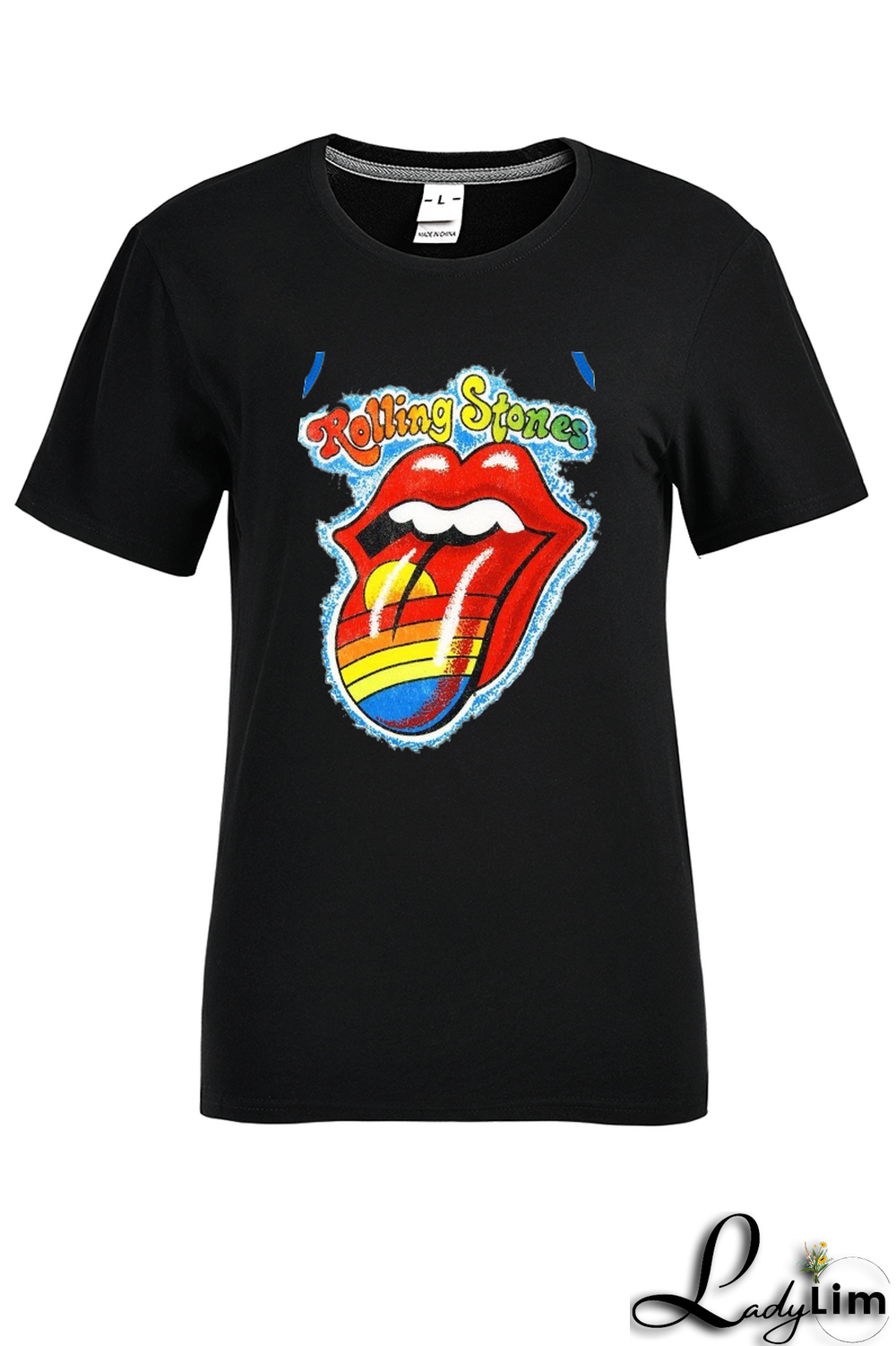 White Fashion Casual Lips Printed Patchwork O Neck T-Shirts