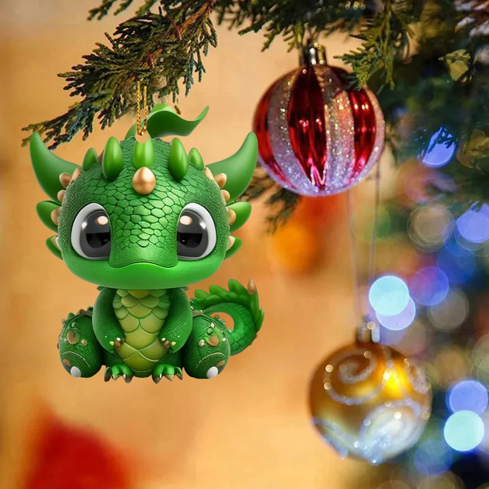 2 PCS Acrylic Cute Green Dragon 2D Flat Dinosaur Christmas Tree Car Decoration