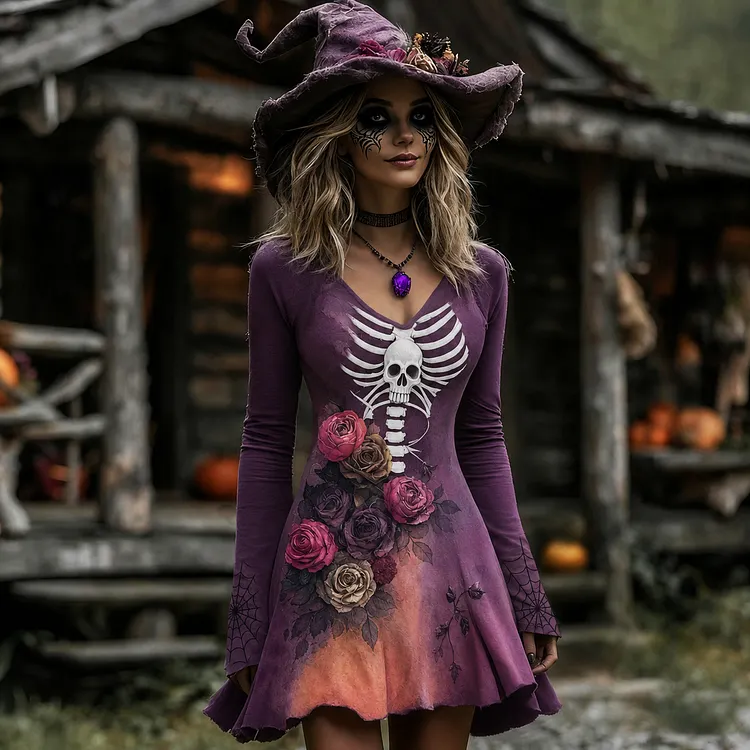 Women's Halloween Rose Skeleton  Cosplay Midi Dress