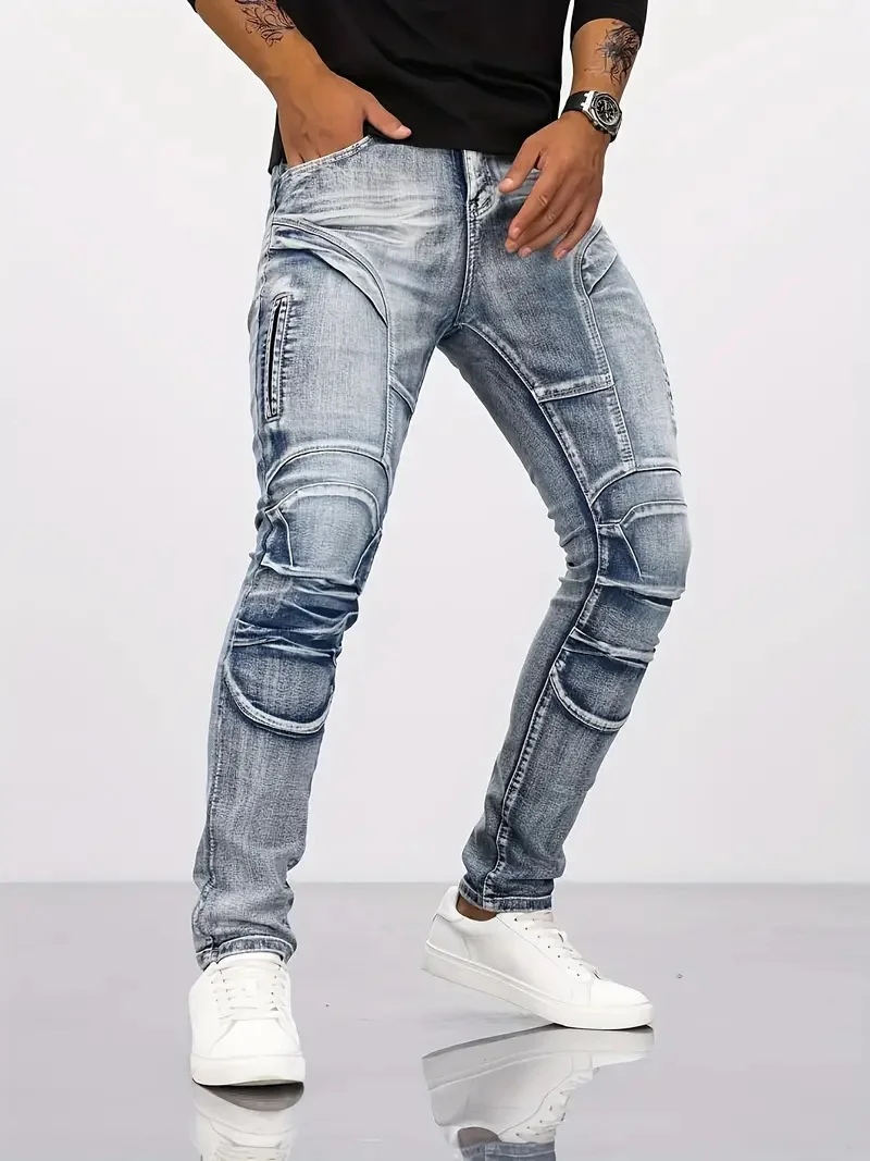 Men's Biker Jeans Retro Casual Elastic Cycling Pants Tear-resistant Locomotive Pants
