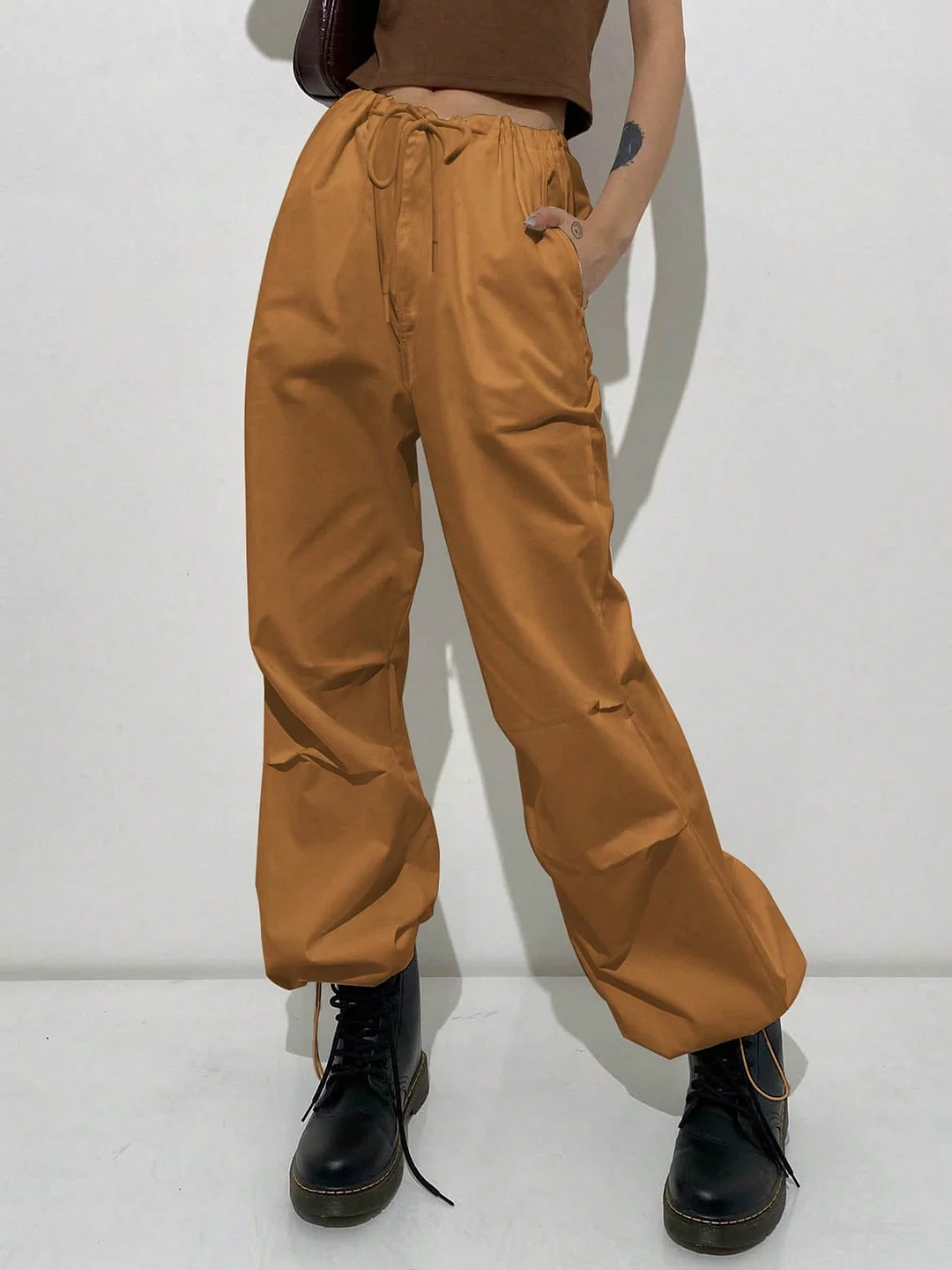 Solid Drawstring Waist Parachute Pants