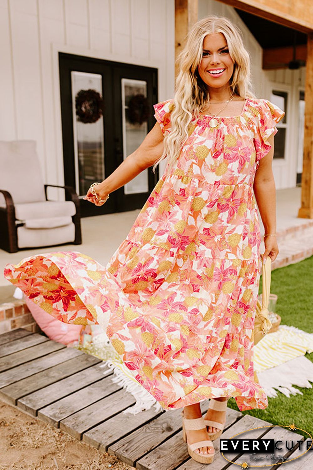 Orange Floral Print Shirred Ruffled Sleeveless Plus Size Dress