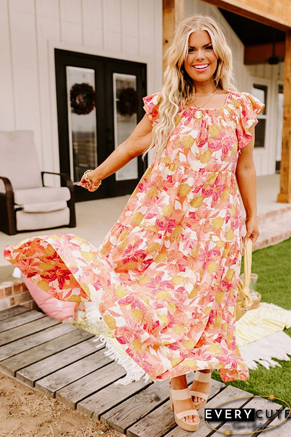 Orange Floral Print Shirred Ruffled Sleeveless Plus Size Dress