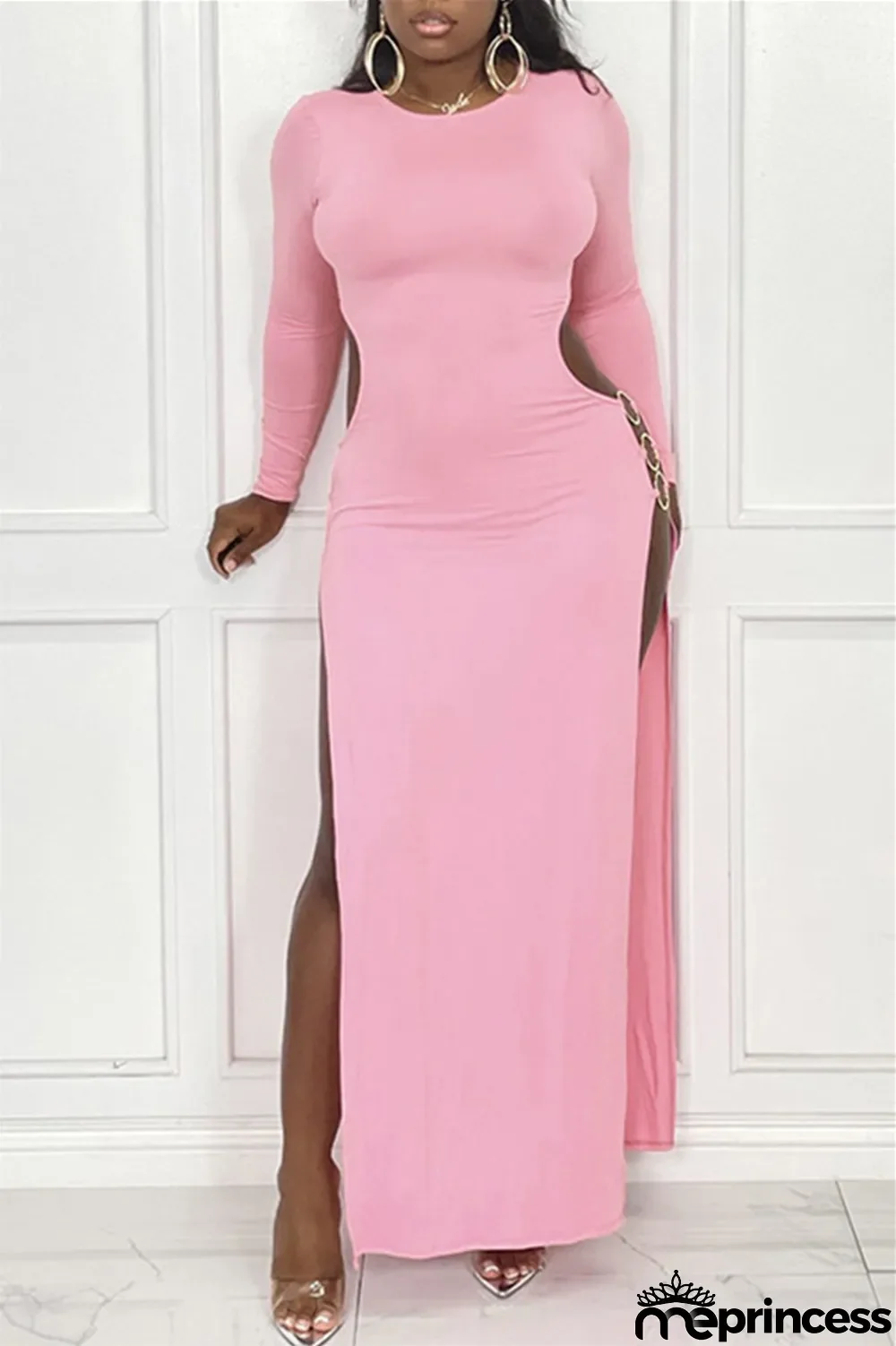 Black Sexy Casual Solid Hollowed Out Slit O Neck Long Sleeve Dresses