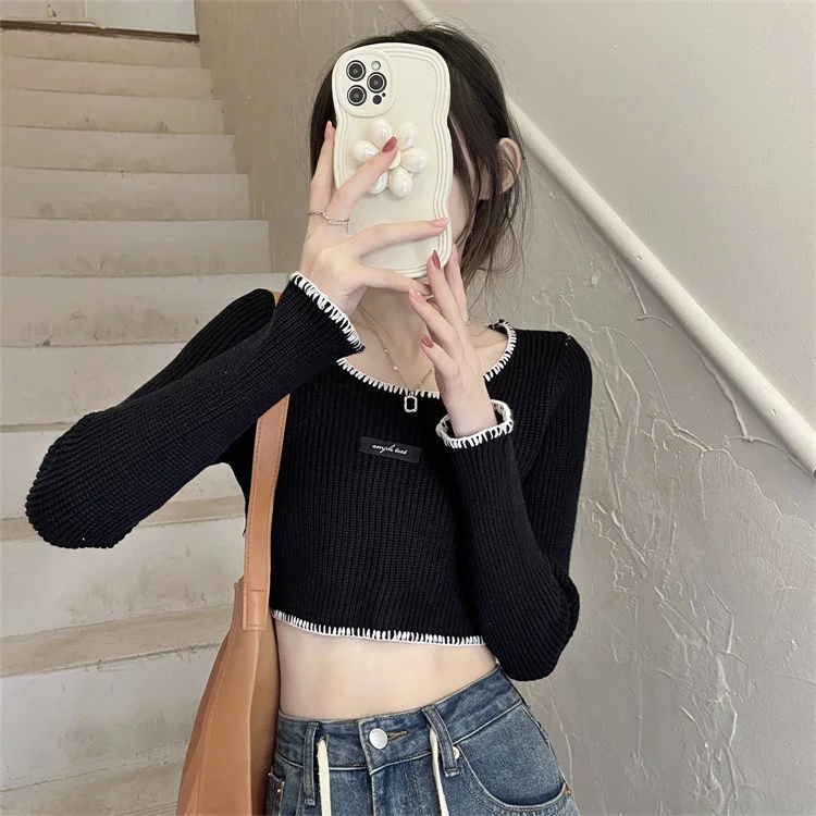 Uveng Uveng Back Bottom Top White High-Waisted Short-Sleeved Knitted Shirt Women In Spring And Autumn Strapped Ribbons To A Body-Repair Sweater