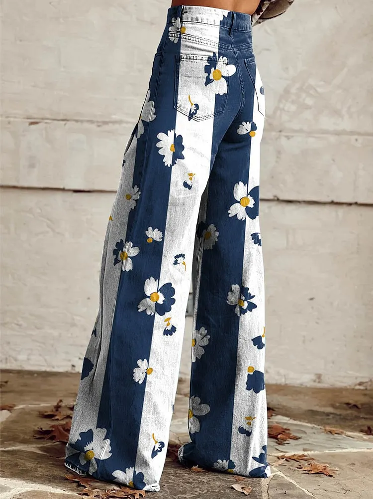 White Blue Flower Round Neck Pants Set