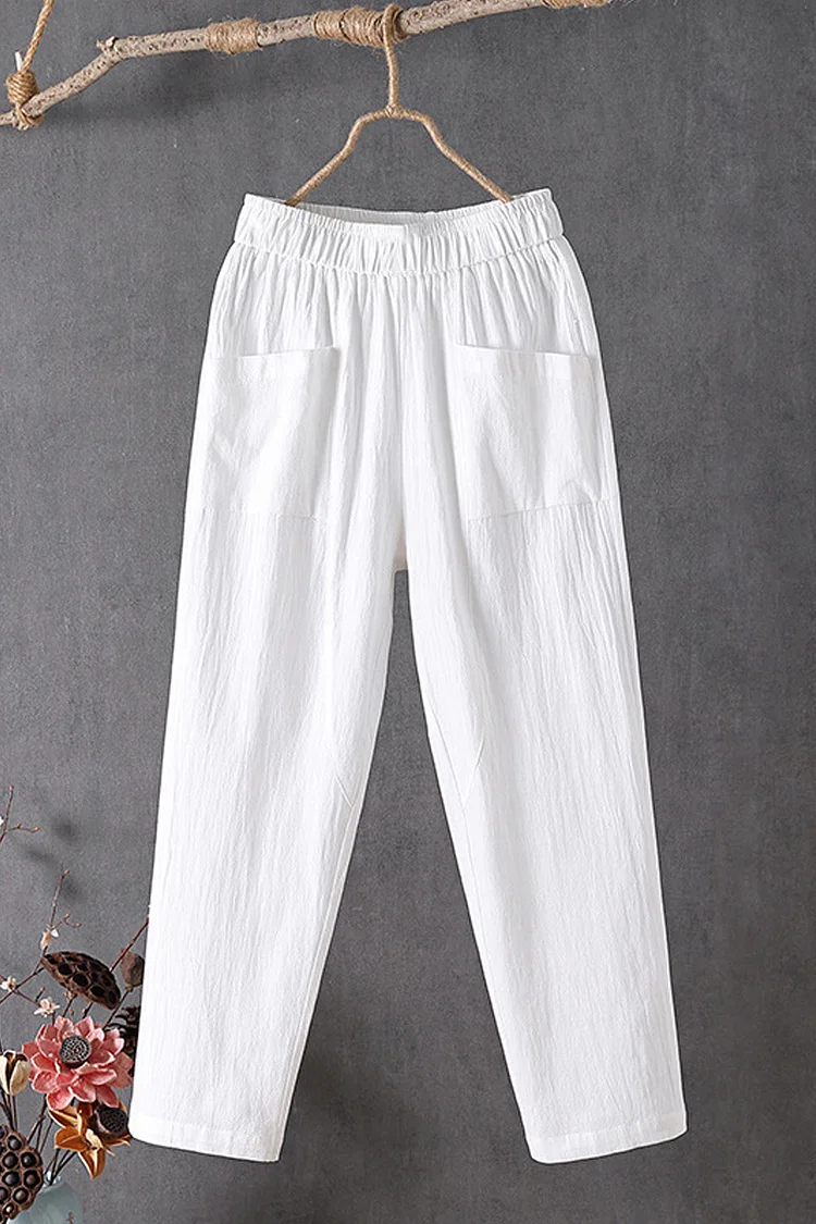Plus Size Casual White Cotton And Linen Pocket Pleated Pants  Flycurvy [product_label]