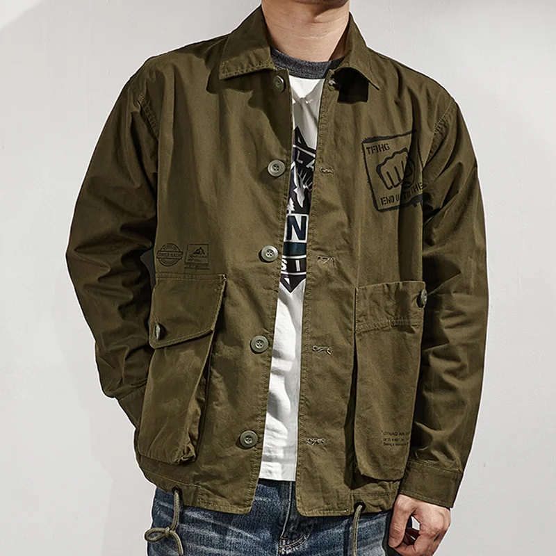 American Casual Distressed Army Green Lapel Work Jacket
