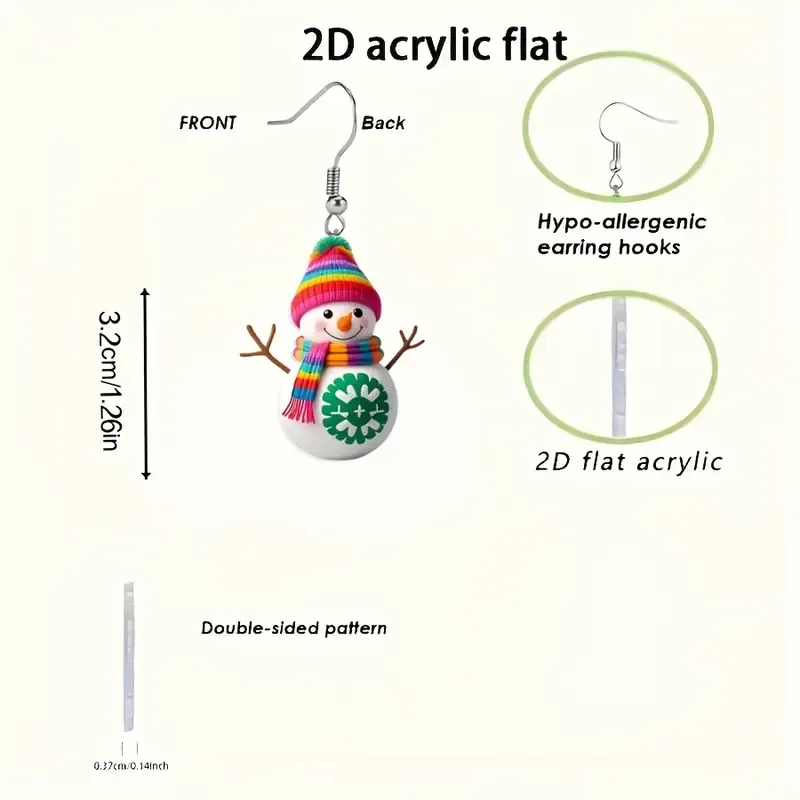 2d flat a pair of cute snowman design double sided simulation pattern Acrylicearrings lightweight battery free womens jewelry versatile   for christmas valentine s thanksgiving     accessories   6