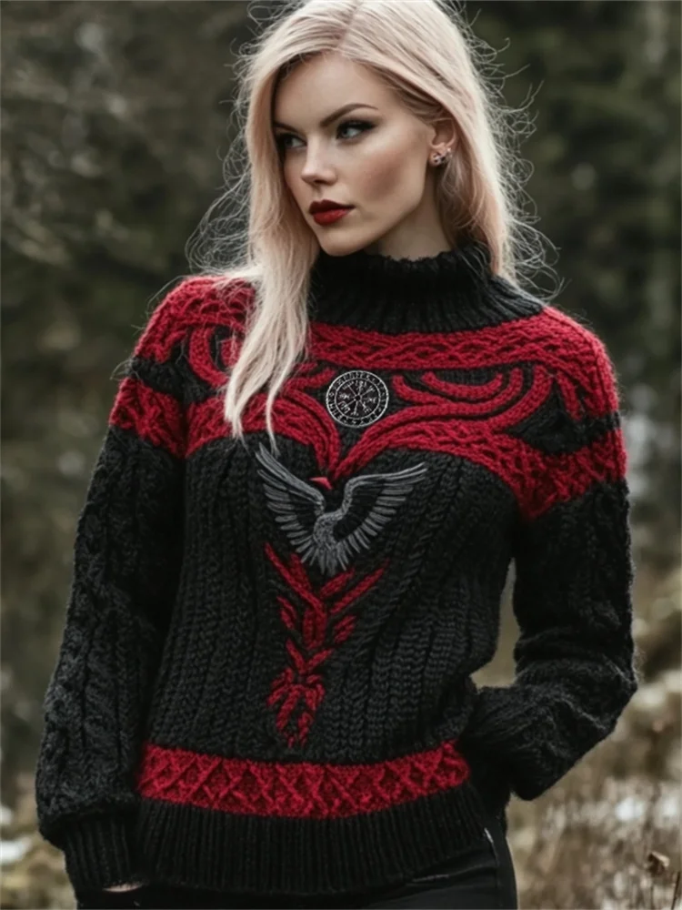 Raven Viking Vegvisir Embroidered Celtic Contrast Cozy Chunky Sweater