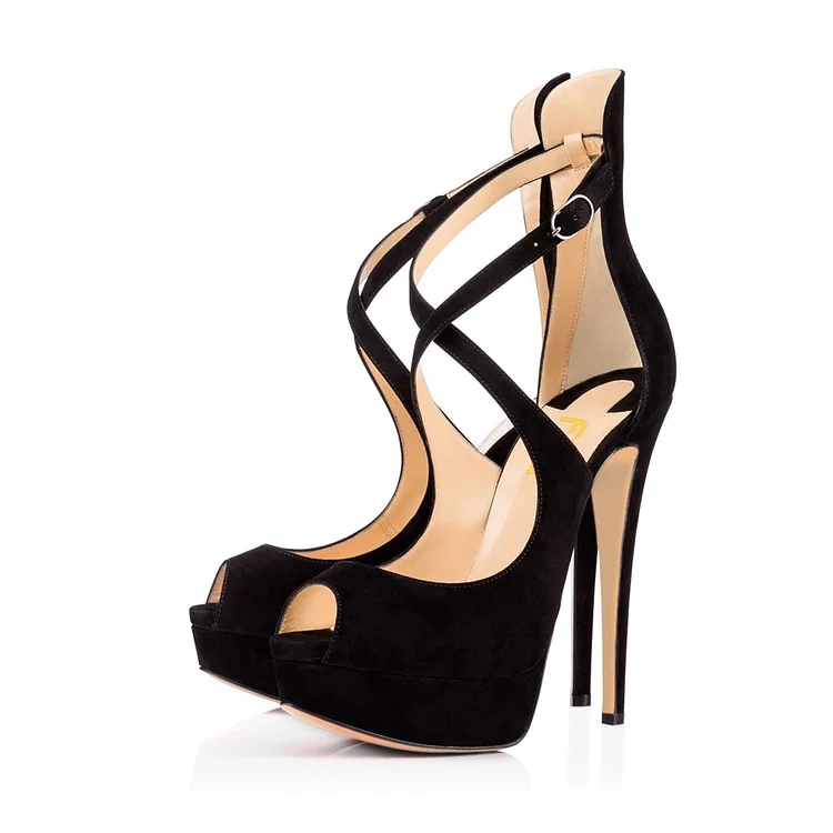 Black Peep Toe Heels Vegan Suede Cross-over Strap Stiletto Heel Platform Sandals |FSJ Shoes