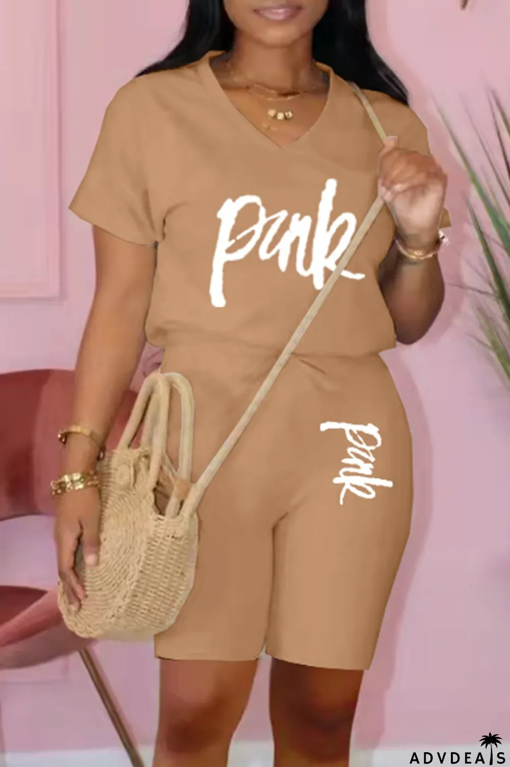 Apricot Fashion Casual Letter Print Basic V Neck Short Sleeve Two Pieces