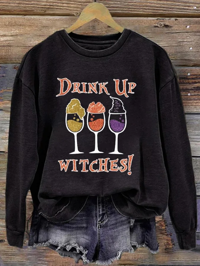 Women's Halloween Drink Up Witches Printed Round Neck Long Sleeve Sweatshirt socialshop