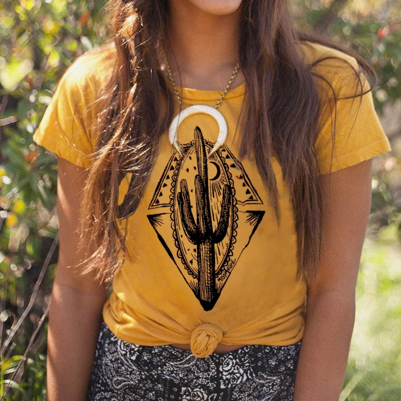 Geometric cactus graphic women casual tees designer
