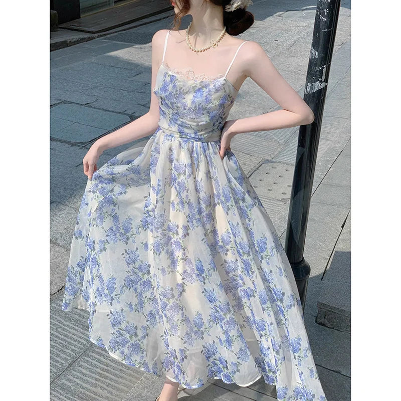 Llyge Floral Dresses Women Lace Sweet Vacation Summer Sleeveless Princess Fashion Ulzzang Ladies Temperament Vintage Slim Ankle-length llyge
