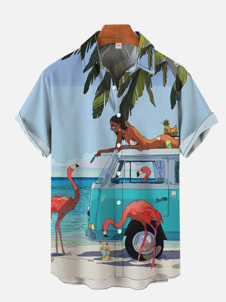 Hawaii Beach Style Beauty, Flamingo And Bus Printing Short Sleeve Shirt