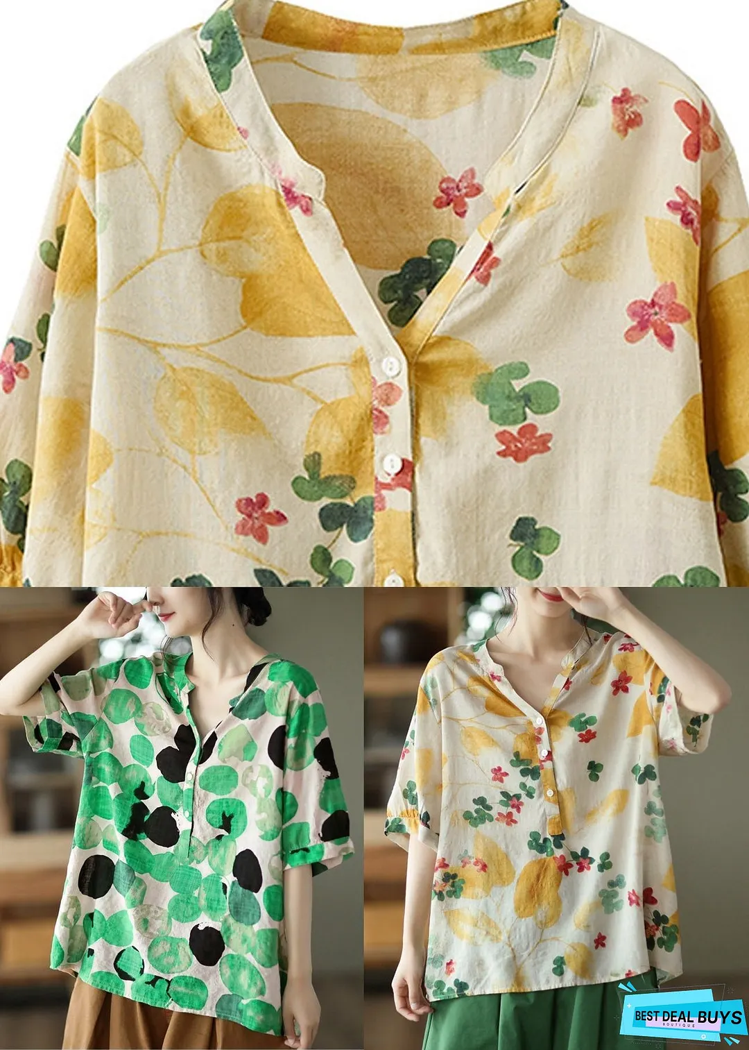 Simple Yellow V Neck Print Cotton Top Half Sleeve