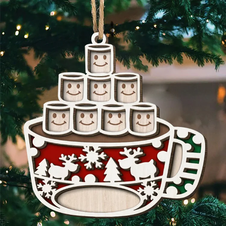 Christmas Family Ornament Custom 8 Names Coffee Cup Layered Wood Christmas Ornament