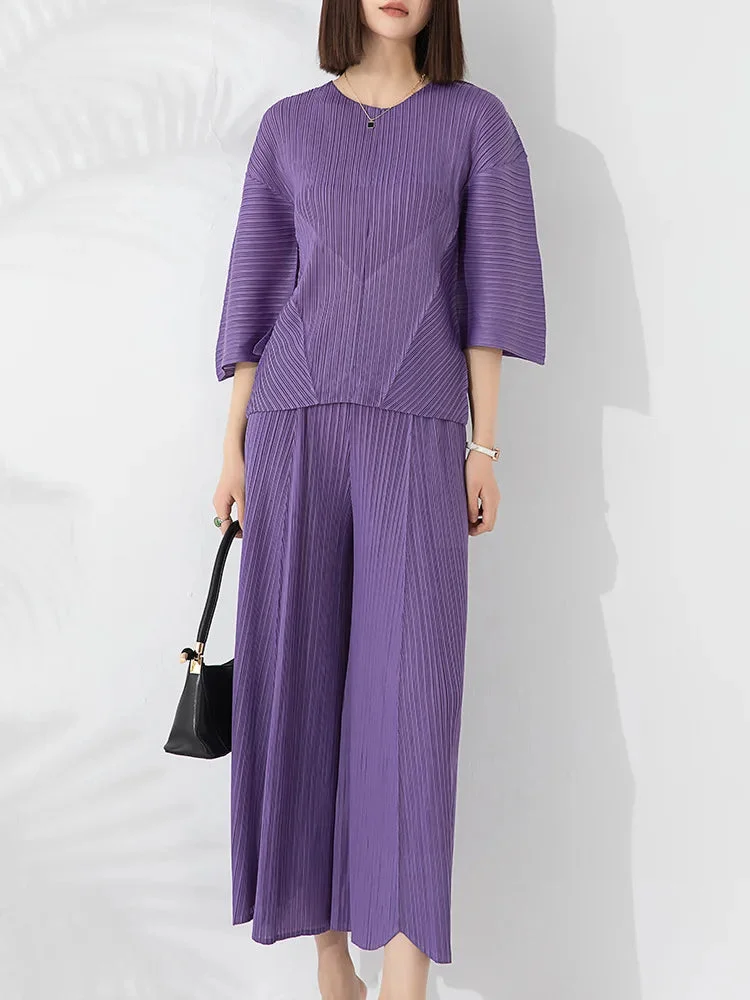 Women Purple O-neck Half Sleeve Top And Pleated Wide Leg Pants Set