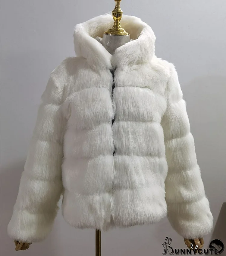 Women Faux Fox Fur With Hood Long Sleeve Jacket