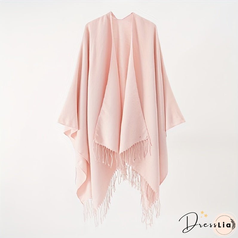 Solid Color Tassel Cardigan Poncho Simple Imitation Cashmere Open Front Large Shawl Women's Autumn Winter Outside Warm Coldproof Shawl Cape