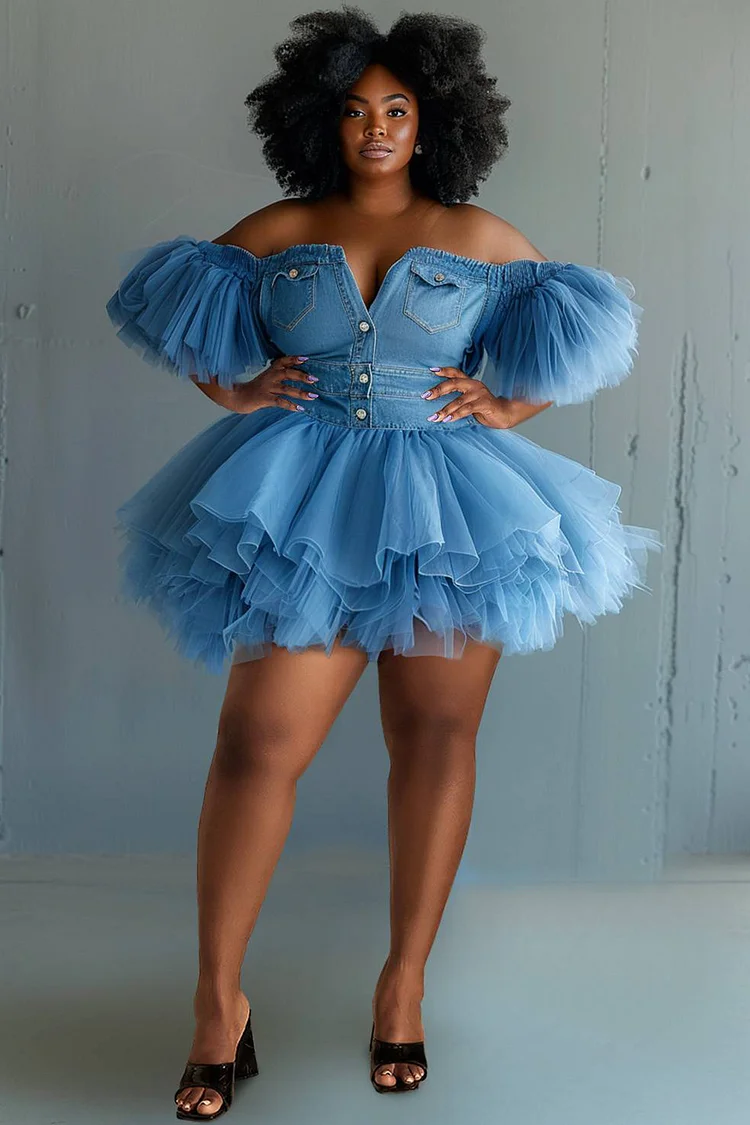 Xpluswear Design Plus Size Party Tulle Blue Off The Shoulder Short Sleeve Pleated Contrast Denim Mini Dresses [Pre-Order]