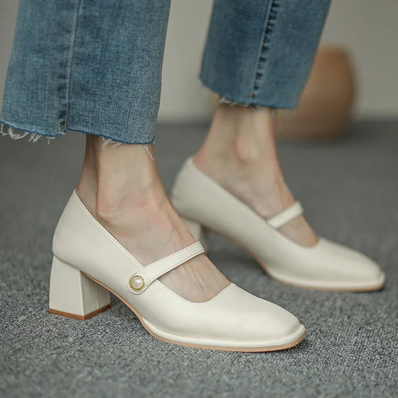 2021 New Fashion Women Shoes Square Toe Mary Janes Shoes Square Heel Dress Shoes Pearl Buckle Pumps High Heels Office Shoe 8557N