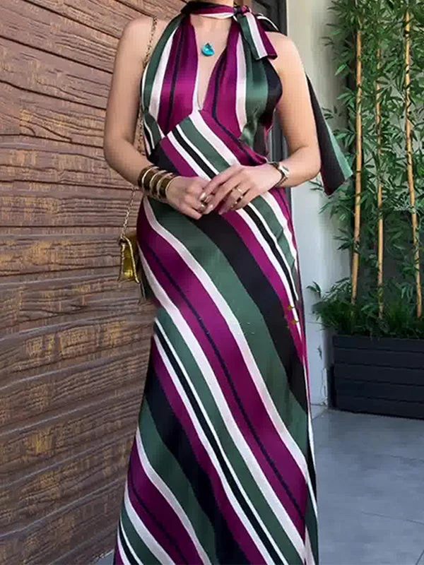 Style & Comfort for Mature Women Women's Sleeveless V-neck Striped High Waist Maxi Dress