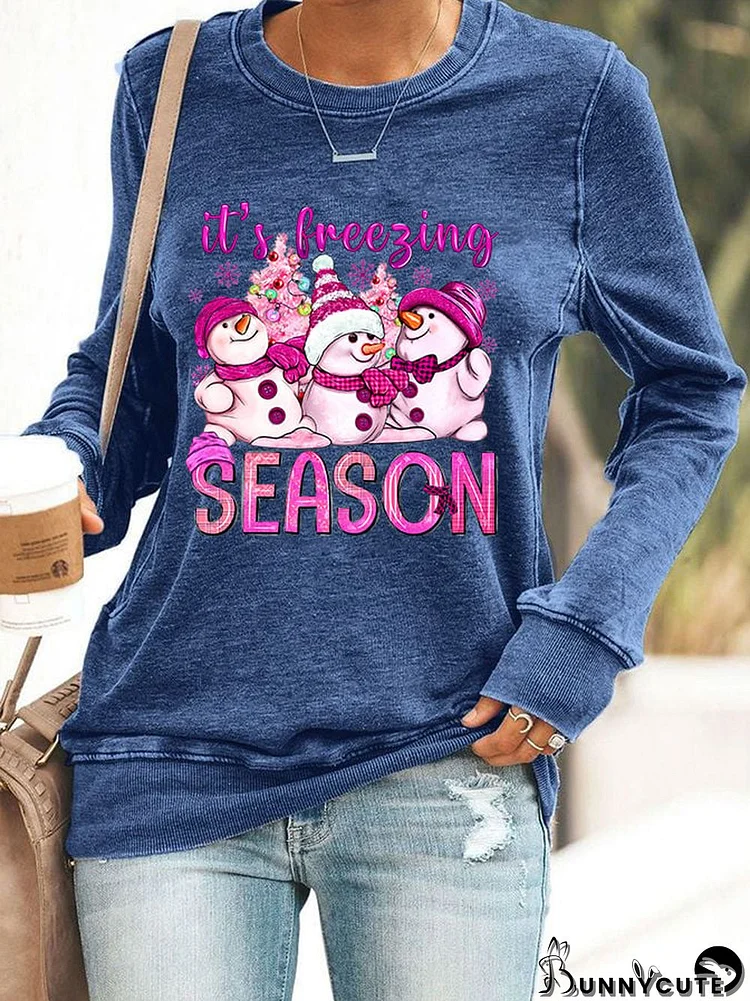 Women's It's Freeging Season Pink Snowman Print Casual Sweatshirt