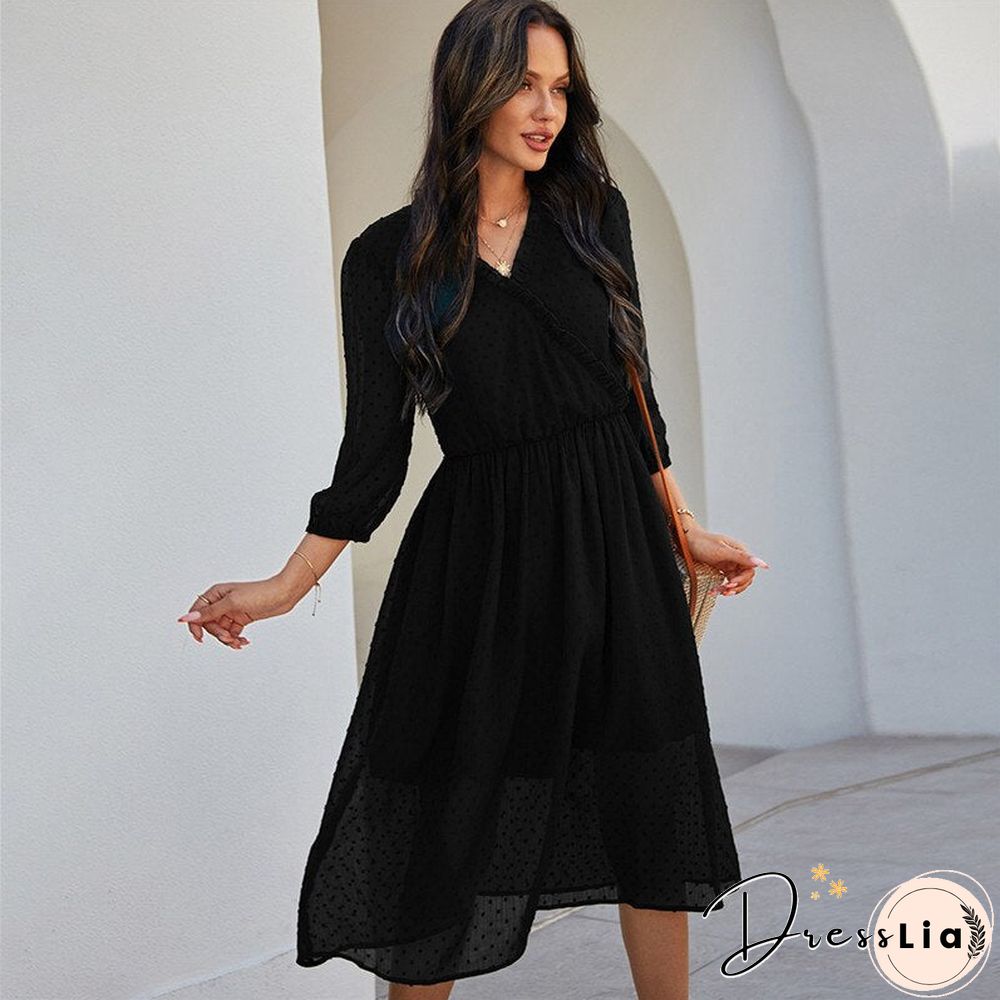 Spring New chiffon dress women casual solid color neck three quarter sleeve high waist