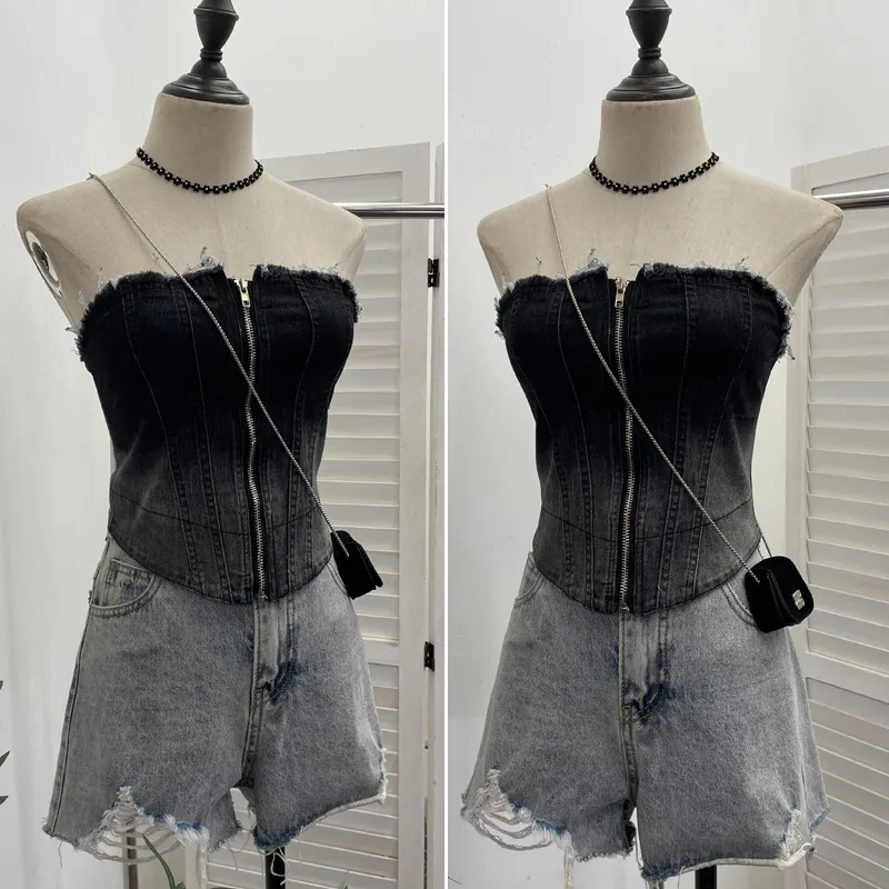 Nigikala Nigikala Shooting 2025 Spring And Summer New Trend Hair Edge Gradient Design Brush Denim Zipper Shirt Vest 2701