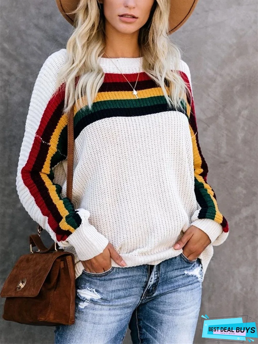 Stripes Knitted Crew Neck Long Sleeve Sweater