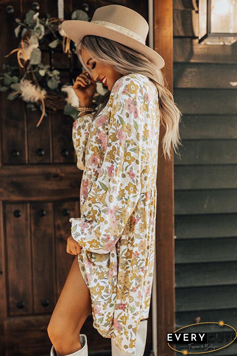 V Neck Puff Sleeve Floral Dress with Pocket