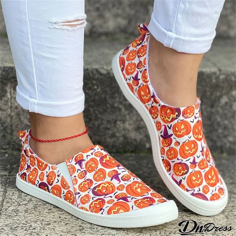 Lovely Pumpkin Print Soft Cotton Cloth Women Loafers for Halloween