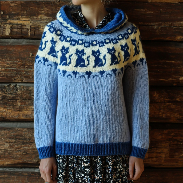 Vintage Fairman Island Cat Hooded Sweater elevenforest