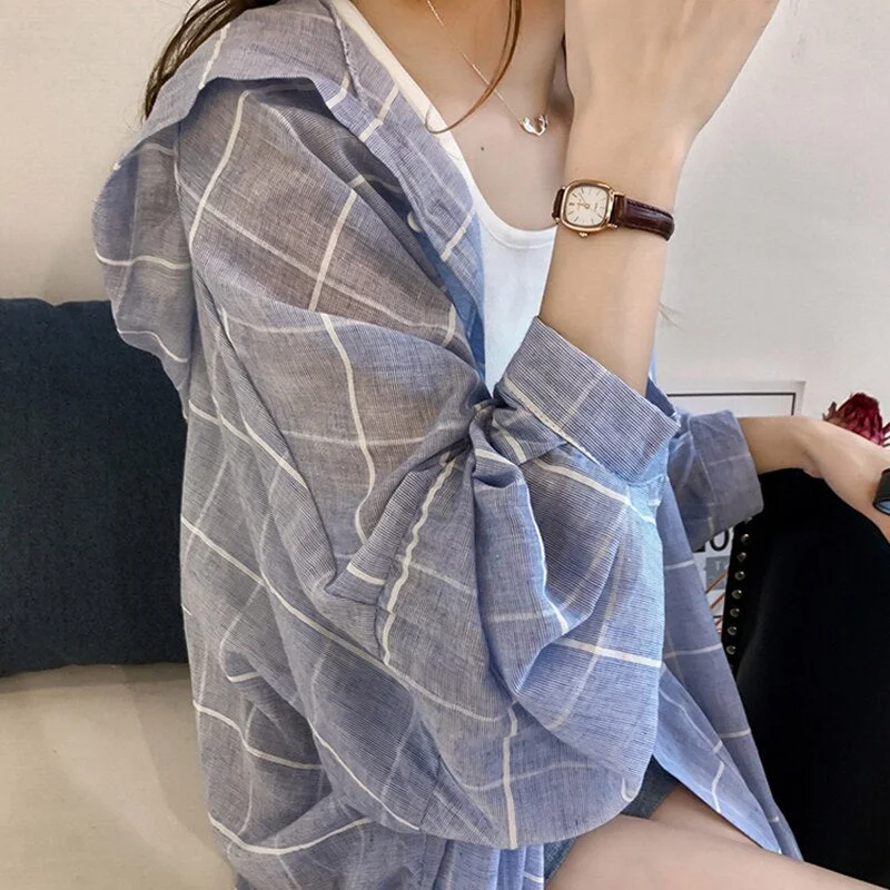 Shirts Women Plaid Simple All-match Soft Korean Style Turn-Down Clothing Womens Summer Loose Elegant Vacation Sun Shade Ladies