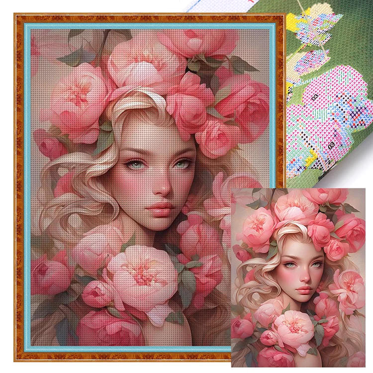 『HuaCan』Pink Flower Girl  - 11CT Stamped Cross Stitch(50*65cm)
