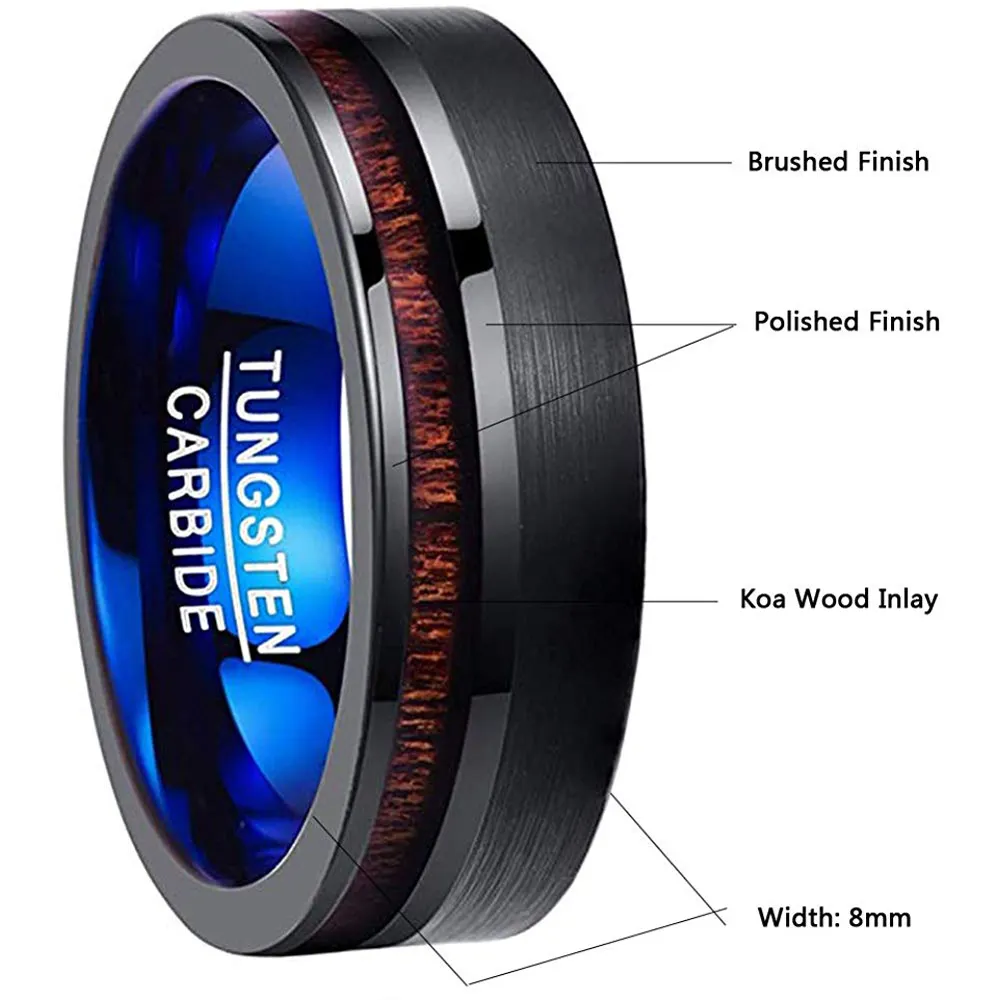 8MM Koa Wood Inlay Tungsten Carbide Wedding Bands Black Brushed Promise Mens Womens Flat Edge Comfort Fit for Couple