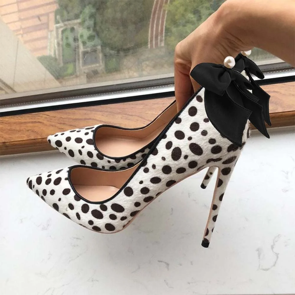 White & Black Pointed Toe Dot Shoes With Bow Decor Stiletto Heel Pumps Nicepairs