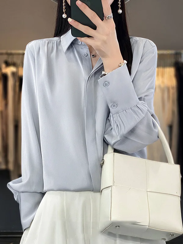 Solid Color Pleated Buttoned Loose Long Sleeves Lapel Blouses&Shirts Tops