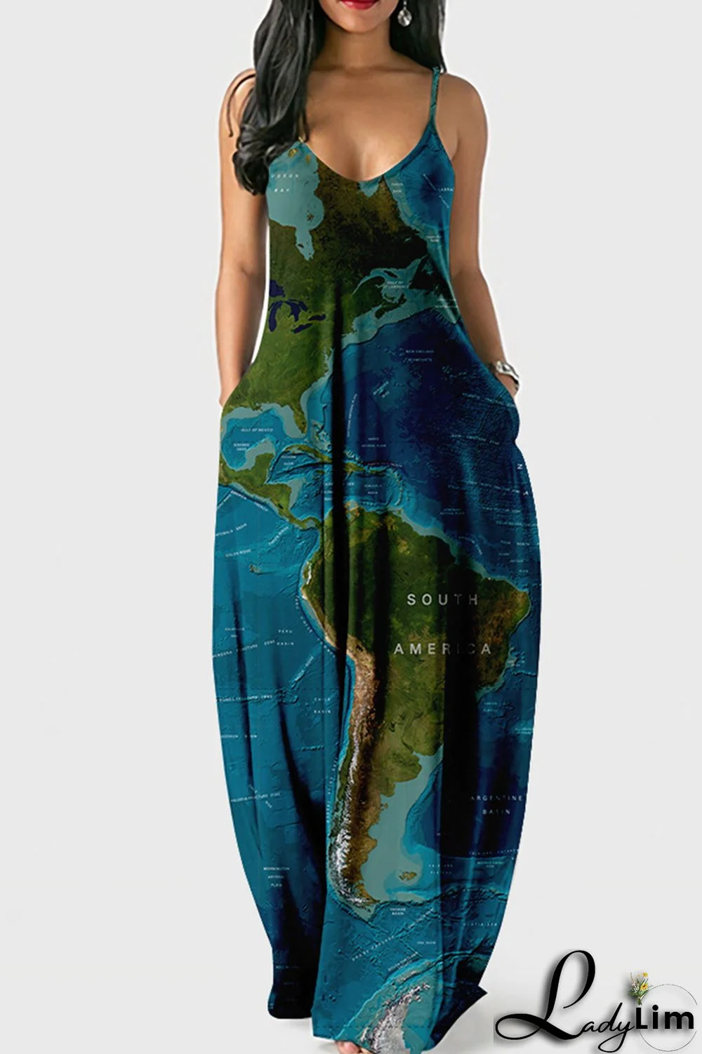 White Blue Fashion Sexy Print Backless Spaghetti Strap Long Dress