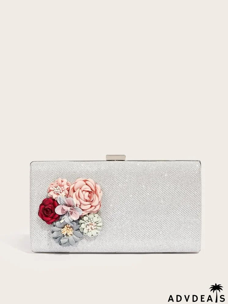 Glitter Floral Decor Chain Box Bag