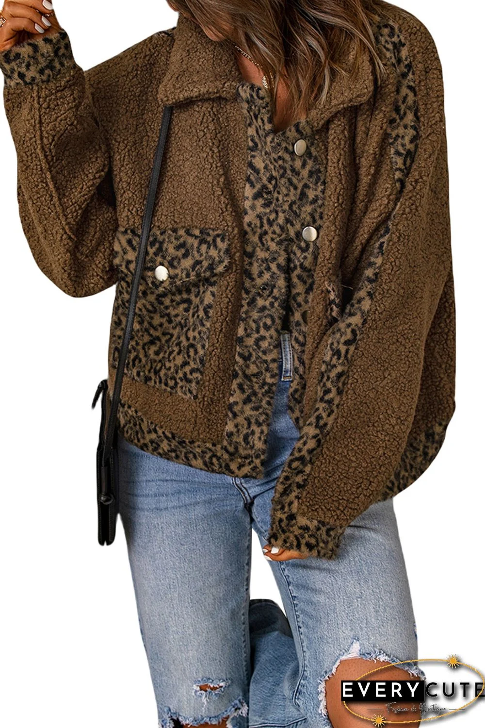 Leopard Patchwork Pocketed Sherpa Jacket