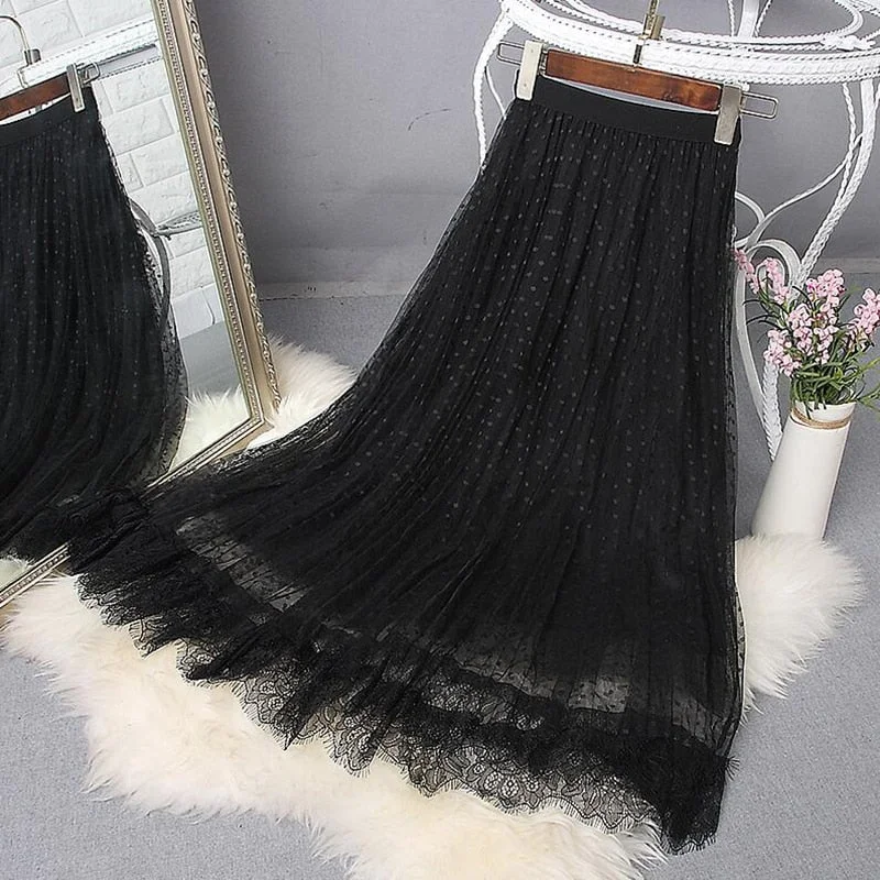 2021 Spring Elegant Lace Patchwork Mesh Midi Skirts Women Elastic waist Polka Dot print Pleated Skirt A Line Long Tulle Skirt