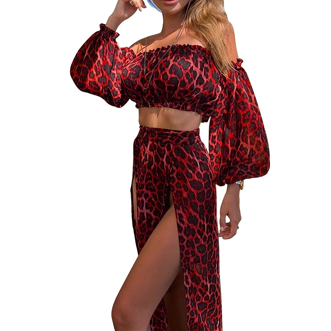 Women's New Beach 2pcs Bikini Cover-Ups Swimsuit Off Shoulder Top  High Waist Dresss  Ladies Swimming Cover Up Bathing Suit